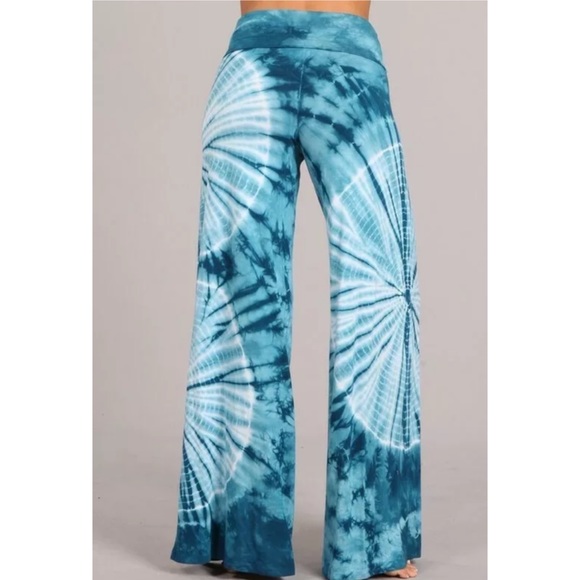 Teal Boho Tie Dye Wide Leg Palazzo Stretch Pants - Picture 4 of 6